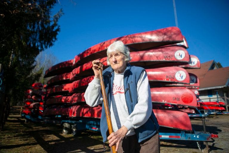 Ruth Jones poses for a picture at Kittatinny Canoes, the business she has owned for many years near the Delaware River in Barryville, N.Y.
