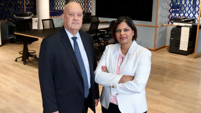 Konica Minolta Australia managing director David Cooke with the firm’s ethical sourcing manager Nicole D’Souza. Picture: Supplied