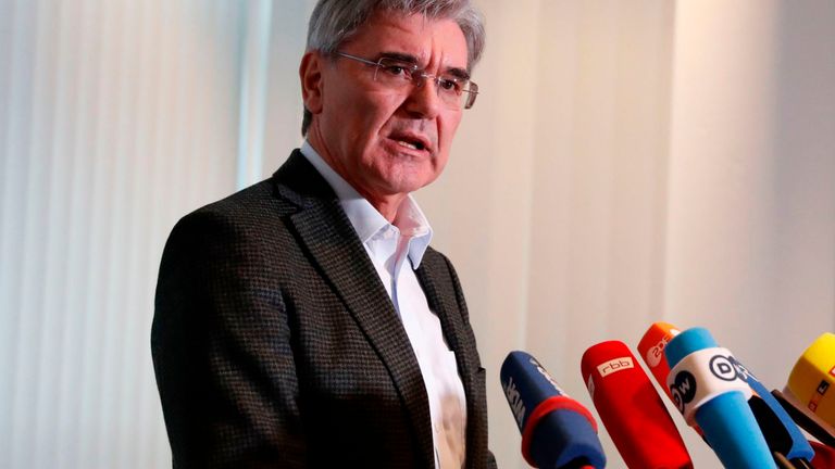 Joe Kaeser, CEO of German industrial behemoth Siemens, gives a statement following a meeting with a leading member of the German branch of the Fridays for Future youth movement on January 10, 2020 in Berlin.