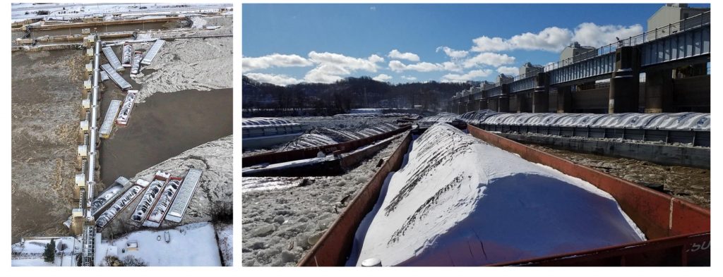 (left) Aerial photo of barges against the Emsworth Locks and Dam after the breakaway on Jan. 13, 2018. (right) Barges after striking the Emsworth Dam. (Photo by U.S. Coast Guard)