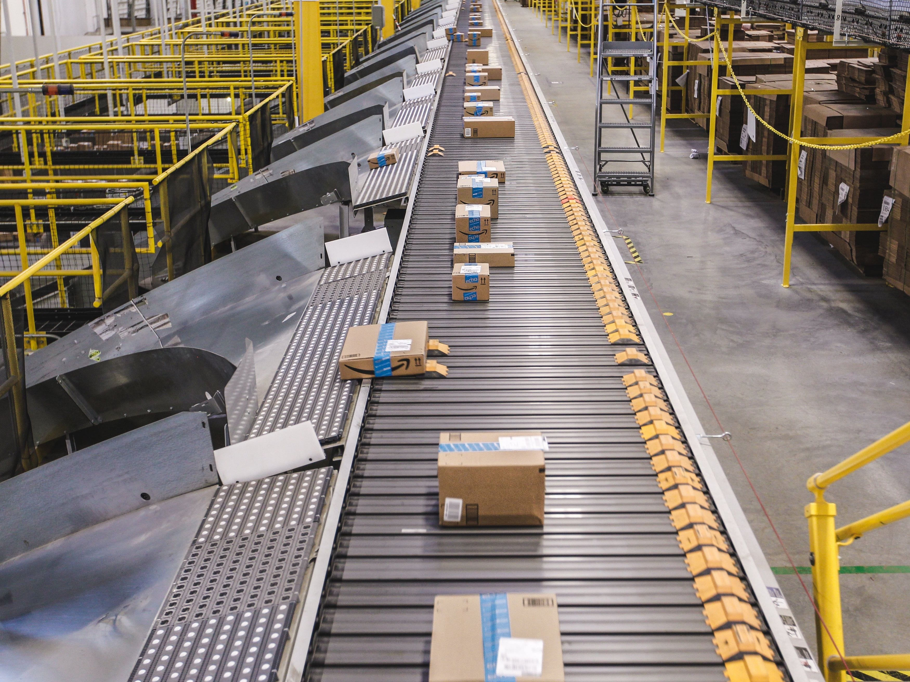 Boxes in an Amazon fulfillment center