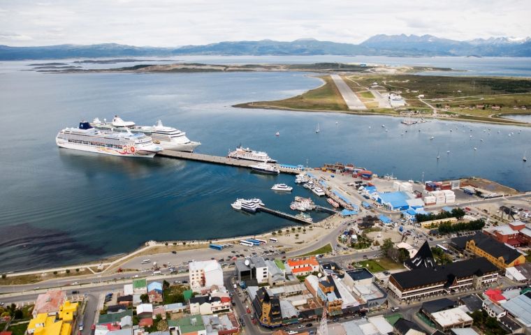 The port of Ushuaia on a busy day with several cruise vessels 
