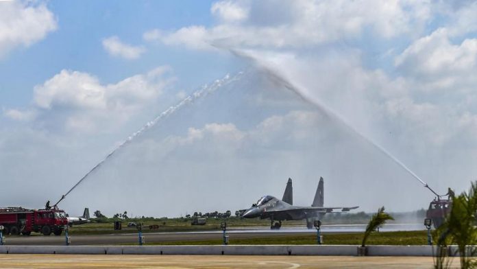 Focusing on the Indian Ocean, IAF stations Su-30 squadron in Sukhoi-30MKI fighter aircraft squadron being accorded water salute during its induction ceremony into the Indian Air Force at the Thanjavur airbase.