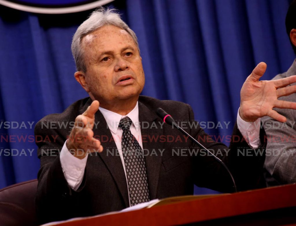 Finance Minister Colm Imbert speaks at a post-cabinet press briefing at the Diplomatic Centre, St Ann's, Port of Spain, Thursday. - SUREASH CHOLAI