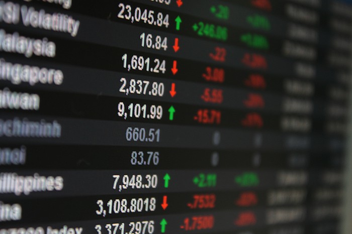 Asia stock market index prices on an LED display.
