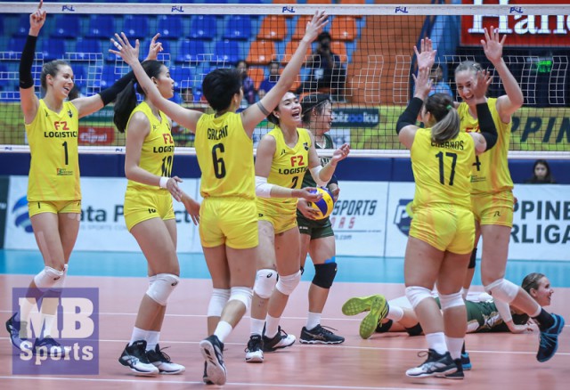 F2 Logistics players celebrate during the PSL Grand Prix against Sta. Lucia at the Filoil Flying V Arena in San Juan last March 20, 2019 (MB photo | Rio Leonelle Deluvio)