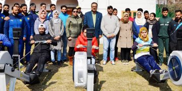 Members of JKARS posing along with Navin Kumar Choudhary after procurement of equipment in Srinagar on Monday.