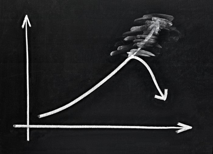 Blackboard drawing of stock arrow going up getting erased and going back down