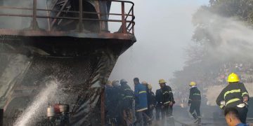 Cargo vessel docked in Mandalay shipyard caught fire