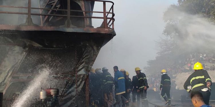 Cargo vessel docked in Mandalay shipyard caught fire