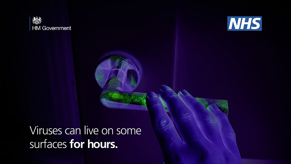 Professor Whitty said the risk of touching a contaminated surface declines as time passes, but there could still be a danger for days after an infected patient left their mark. Pictured, a Government ad campaign to promote hand hygiene
