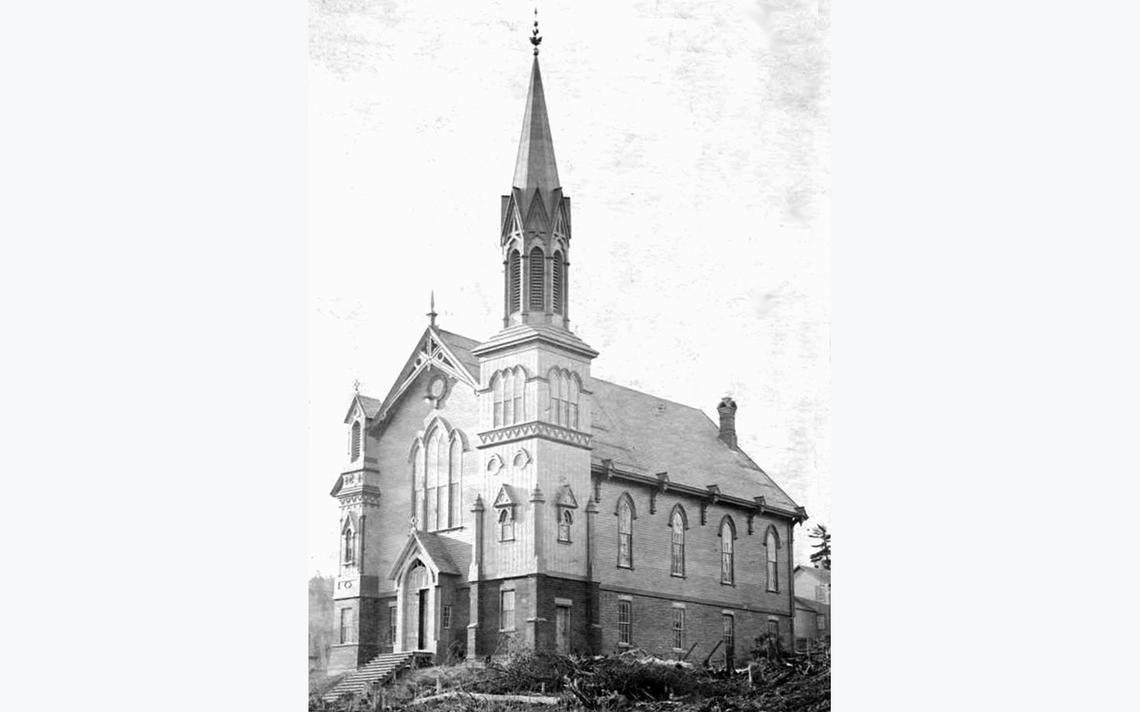 Duluth’s original First Presbyterian Church of Duluth, photographed in 1870. The building, demolished in 1971, also served as a Catholic and Lutheran church. (Photo courtesy of the UMD Martin Library)
