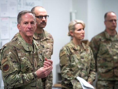 Chief of Staff Gen. David L. Goldfein, visits Joint Base San Antonio-Lackland, Texas, March 11 to observe and discuss current operations in the shadow of COVID-19. (Air Force)