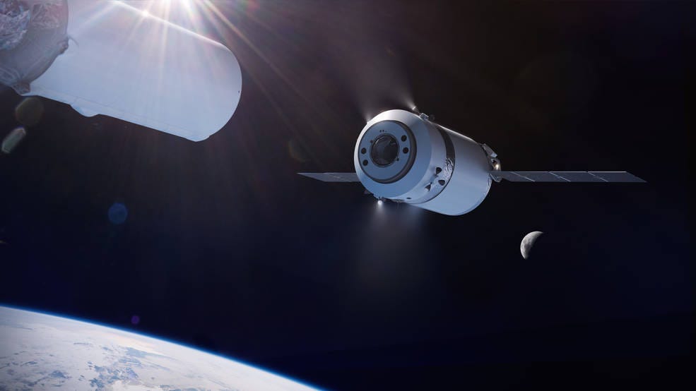 Illustration of the SpaceX Dragon XL as it is deployed from the Falcon Heavy on its way to the Gateway in lunar orbit.