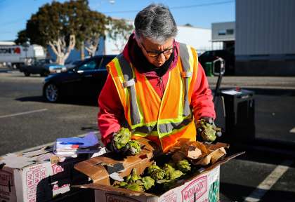 Carolyn Lasar checks the quality of artichokes at San Francisco’s wholesale produce market, which sells produce to local restaurants, stores and caterers.