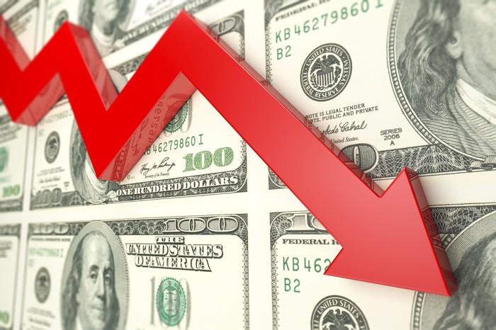A red descending arrow on top of hundred dollar bills.